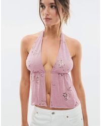 Stradivarius - Embroidered Halter Top With Rhinestones - Lyst