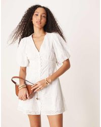 Gina Tricot - Mini Jurk Van Broderie Anglaise Met V-Hals En Lange Mouwen - Lyst
