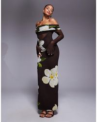 Kaiia - Exclusive Slinky Mesh Bardot Angel Sleeve Sheer Panel Detail Maxi Dress - Lyst