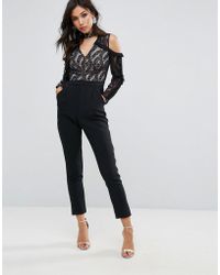 True Decadence Cold Shoulder Lace Top Jumpsuit With Ruffle Sleeves - Black