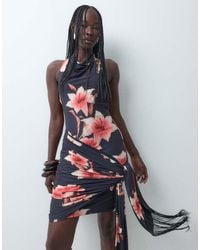 ASOS - Printed Floral Slinky High Neck Cowl Mini Dress With Fringe Sash - Lyst