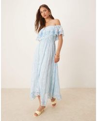 Forever New - Vestito Con Gonna Al Polpaccio Azzurro Con Volant E Scollo Alla Bardot - Lyst