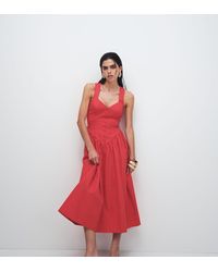 Kaiia - Exclusive Cotton Poplin Sweetheart Neckline Button Detail Dropped V Waist Midi Dress - Lyst