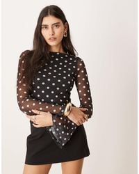 ASOS - Polka Dot Printed Mesh Angel Sleeve Top With Open Tie Back - Lyst