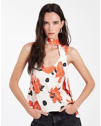 ASOS - Satijnen Tanktop Met Lage Ronde Hals En Sjaal - Lyst
