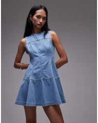 TOPSHOP - Denim Seamed Flippy Mini Dress - Lyst