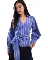 ASOS - Camisa Azul A Rayas Con Mangas Cocoon Y Cintura Cruzada Con Lazada De - Lyst