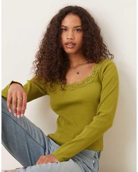 ASOS - Ribbed Round Neck Long Sleeve Top With Lace Trim In - Lyst