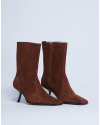 TOPSHOP - Sienna Premium Suede Leather Square Toe Mid Heel Boots - Lyst