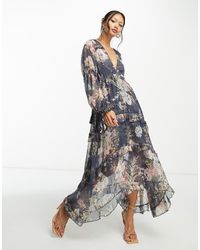 ASOS - Vestito Midi A Pieghe A Strati Blu A Fiori Con Finiture - Lyst