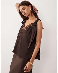 Bardot - Aubrey Satin Bow Tie Shoulder Detail Lace Trim Cami Top - Lyst