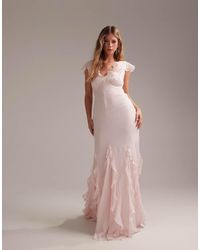 ASOS - Vestido De Dama De Honor Largo Rosa Pastel De Corte Al Bies Con Mangas Fluidas Y Bajo De Godets Con Volantes De - Lyst