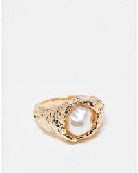 ASOS - Molten Texture Ring With Faux Pearl - Lyst