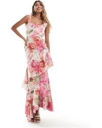 True Violet - Square Neck Ruffle Midaxi Dress Blurred Pink Floral - Lyst