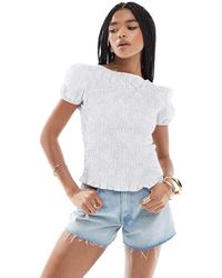 ASOS - Blusa Arricciata Blu A Righe Con Maniche A Sbuffo - Lyst