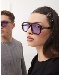 Reclaimed (vintage) - – unisex-pilotensonnenbrille mit quadratischem rahmen mit schildpatt-optik und lila gläsern - Lyst