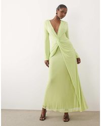 ASOS - Mesh Deep Plunge Long Sleeve Maxi Dress With Twisted Knot Detail - Lyst
