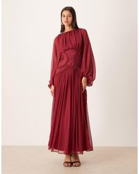 ASOS - Long Sleeve Blouson Maxi Dress With Lattice Trim Bodice - Lyst