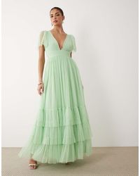 LACE & BEADS - Bruidsmeisje Madison Tulle Maxi-Jurk Met Gesmokte Vlindermouwen - Lyst