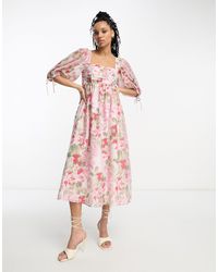 & Other Stories - Vestito midi raccolto rosa voluminoso - Lyst