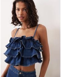 ASOS - Denim Ruffle Bandeau Top Co-ord - Lyst