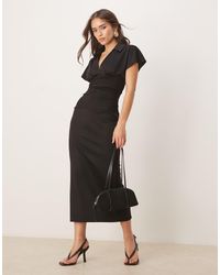 ASOS - Vestido Midi De Manga Corta Con Cuello De Solapas Y Detalle De Canalé En La Cintura De - Lyst