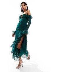 ASOS - Corset Bust Bardot Maxi Dress With Ruffle Detail - Lyst