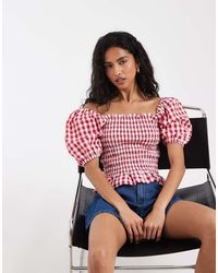 Vero Moda - Top Corto A Cuadros Vichy Rojos Con Cuerpo Fruncido Y Mangas Abullonadas - Lyst