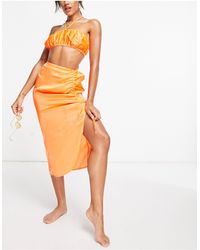 ASOS Ruched Satin Beach Midi Skirt Co Ord - Orange