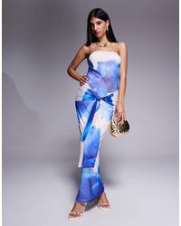 Kaiia - Exclusive Double Layered Slinky Mesh Floral Tie Waist Drape Detail Maxi Dress - Lyst