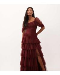 LACE & BEADS - Tulle Fallen Shoulder Asymmetric Ruffle Detailing Maxi Dress - Lyst