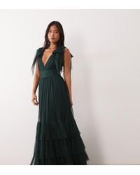 LACE & BEADS - Lace & Beads Madison Petite Tulle Bow Shoulder Plunge Neck Maxi Dress - Lyst