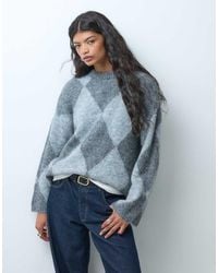 Noisy May - Argyle Oversized Brushed Crew Neck Knit Jumper - Lyst