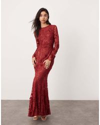 ASOS - Kanten Maxi Jurk Met Geborduurde Bloemen, Lange Mouwen En Open Achterkant - Lyst