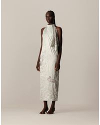 ARRANGE - Crinkle Satin Embellished Drape Halter Column Midi Dress - Lyst