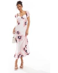 ASOS - Robe mi-longue à fleurs avec encolure bardot et empiècements en dentelle - rose - Lyst