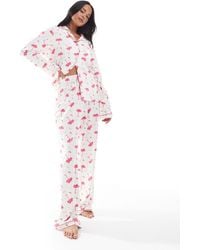 Loungeable - Super Soft Jersey Pyjama Revere Top And Wide Leg Pants Set With Piping Detail - Lyst