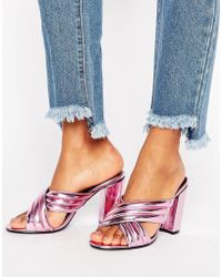 Daisy Street Pink Metallic Mule Heeled Sandals