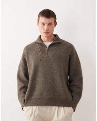 ASOS - Pull coupe carrée ultra oversize en maille côtelée avec col cheminée - marron chiné - Lyst