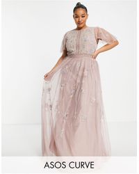 ASOS - Asos Design Curve Bridesmaid Pearl Embellished Flutter Sleeve Maxi Dress With Floral Embroidery - Lyst