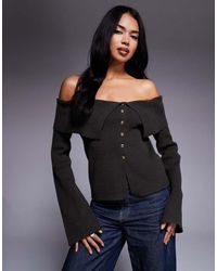 Kaiia - Exclusive Ribbed Foldover Bardot Knitted Button Detail Flare Sleeve Jumper - Lyst