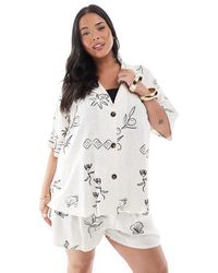ASOS - Asos design curve – kurzärmeliges hemd aus einer leinenmix mit skizzenprint, kombiteil - Lyst