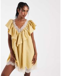 ASOS - V Neck Poplin Ruffle Mini Dress With Lace Trims - Lyst