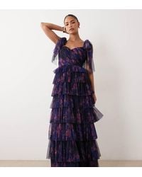 LACE & BEADS - Bridesmaid Bow Shoulder Tulle Tiered Maxi Dress - Lyst