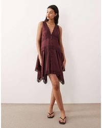 Miss Selfridge - Boho Satin Lace Insert Hanky Hem Mini Dress - Lyst