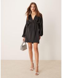 Gina Tricot - V Neck Satin Batwing Sleeve Mini Dress With Wrap Front Detail - Lyst