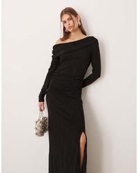 Y.A.S - Vestido Midi Negro Con Escote Bardot, Abertura En La Pierna Y Acabado De Purpurina De - Lyst