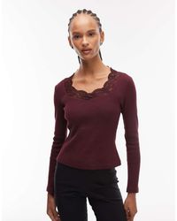 ASOS - Sweetheart Lace Trim Rib Long Sleeve Top - Lyst
