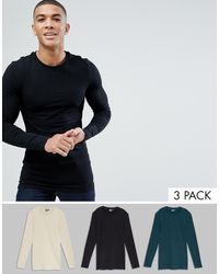 ASOS - 3 Pack Muscle Fit Longline Long Sleeve Crew Neck T-shirt Multipack Saving - Lyst