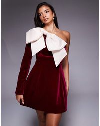 ASOS - One-shoulder Velvet Mini Dress With Bow Detail - Lyst